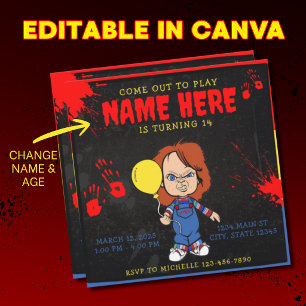 Invitation Poupée Chucky Bleu Rouge Jaune Sanglante