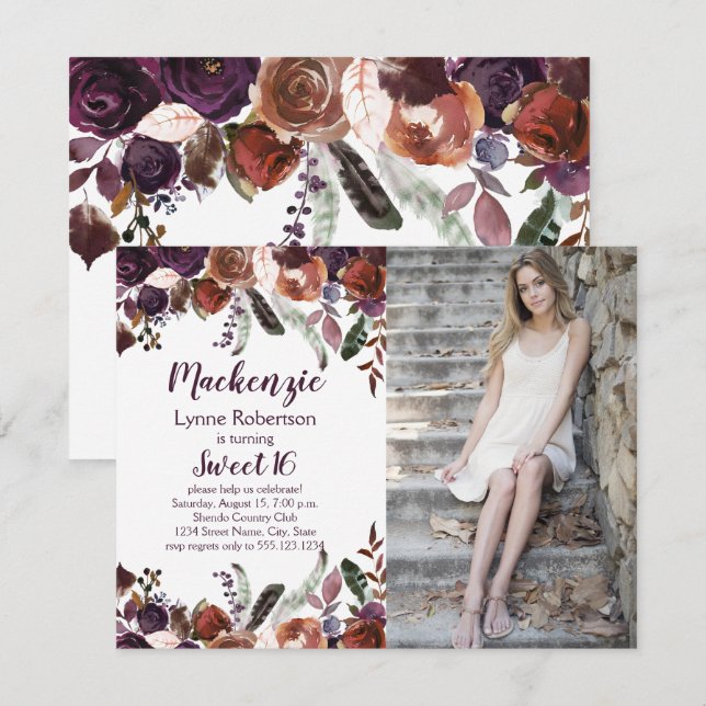 Invitation Poupée d'aubergine rhum Roses Photo Sweet 16 (Devant / Derrière)
