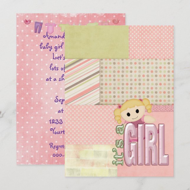 Invitation Poupée de douche pour fille bébé sur la surface co (Devant / Derrière)