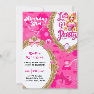 Invitation Poupée rétro rose Girly Allons faire la fête Anniv