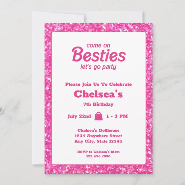 Invitation Poupée rose Parties scintillant thème Anniversaire (Devant)