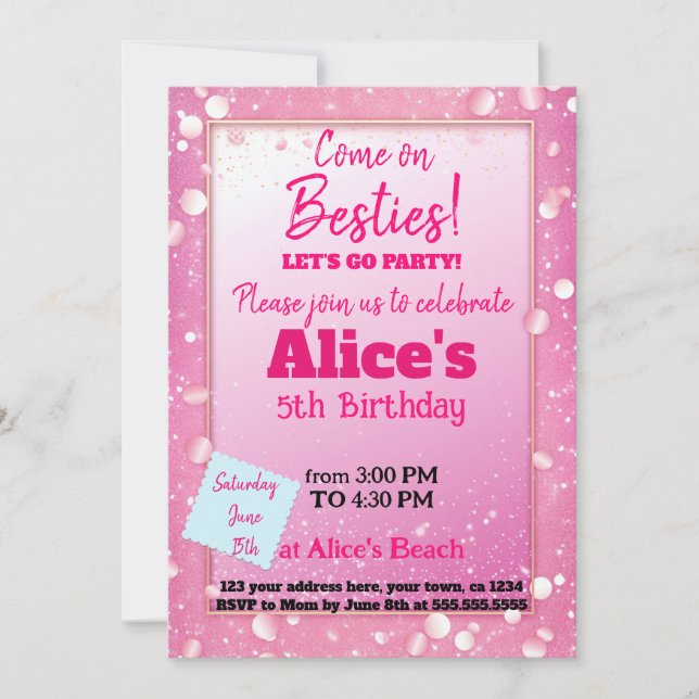 Invitation Poupée rose Parties scintillant thème Anniversaire (Devant)
