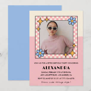 Invitation pour 15 ans Retro Groovy Fleurs Roses