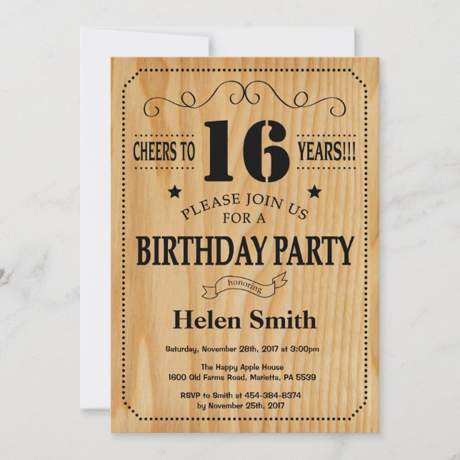 Invitation pour 16 ans Anniversaire Bois Rustique (Devant)