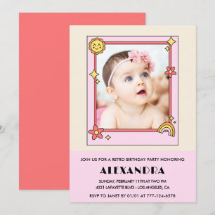 Invitation pour 1er anniversaire Rétro Groovy Fleu