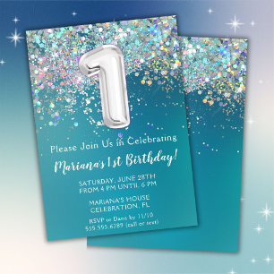 Invitation pour 1er anniversaire Teal Argent Paill