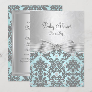 Invitation pour Baby Shower à damas bleu et argent