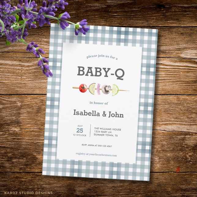 Invitation pour Baby Shower Barbecue au Gingham Bl (Front of the invitation is shown in 5x7-inch. Choose size, paper, and corner style.)
