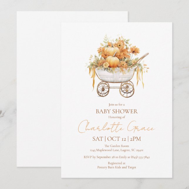 Invitation pour Baby Shower Carrosse de Citrouille (Devant / Derrière)