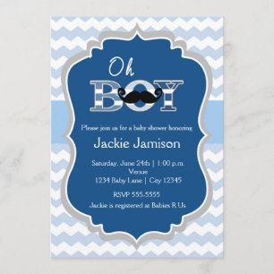 Invitation pour Baby Shower Chevron Moustache Bleu