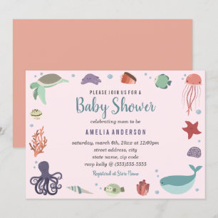 Invitation pour Baby Shower Corail Créatures Marin