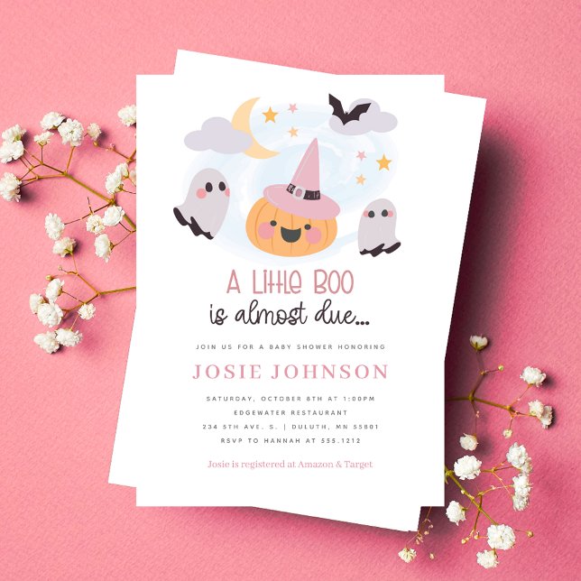 Invitation pour Baby Shower d'Halloween "Petit béb (Pink Little Boo Halloween Baby Shower Invitation)