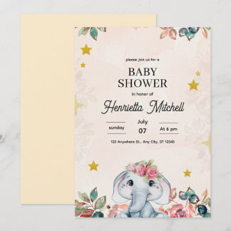 Invitation pour Baby Shower Éléphant Mignon, Fille