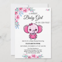 Invitation pour Baby Shower Fille Éléphant Rose Fl