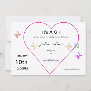 Invitation pour baby shower fille Papillon Cœur Ro