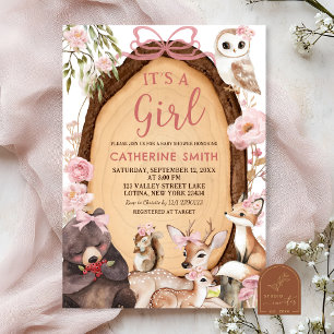 Invitation pour Baby Shower Fille Rose Forêt Anima