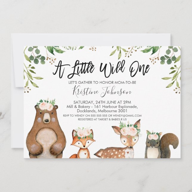 Invitation pour Baby Shower Fille Sauvage Une Forê (Devant)