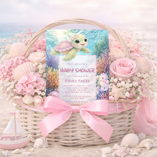 Invitation pour Baby Shower Fille Tortue Sous l'Oc