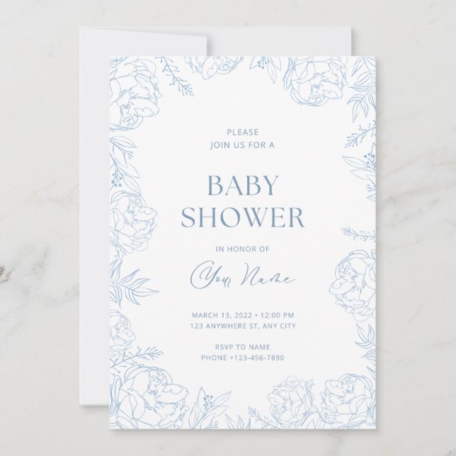 Invitation pour Baby Shower Fleur Bleue Mignonne  (Devant)