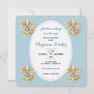 Invitation pour baby shower Fleur de Lys bleu chér