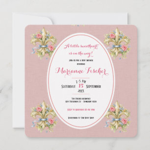 Invitation pour baby shower Fleur de Lys rose chér