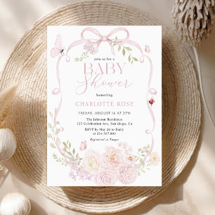 Invitation pour Baby Shower Fleurie avec Ruban Ros
