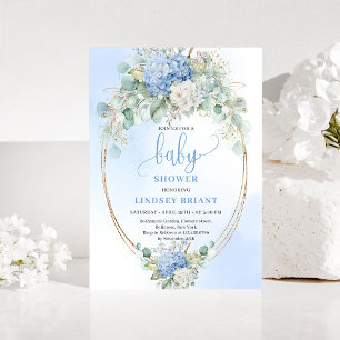 Invitation pour Baby Shower Fleurie Hydrangea Bleu
