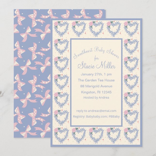 Invitation pour Baby Shower Fleurs Bleues Cœurs et (Devant / Derrière)