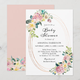 Invitation pour Baby Shower Fleurs Rose Pâle