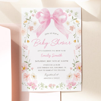 Invitation pour Baby Shower Florale avec Ruban Ros