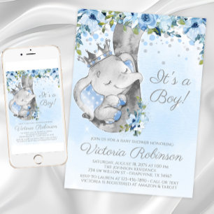 Invitation pour Baby Shower Garçon Prince Éléphant