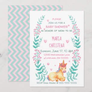 Invitation pour Baby Shower Licorne Fleurale Aquar