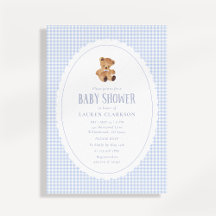 Invitation pour Baby Shower Ourson Gingham Bleu