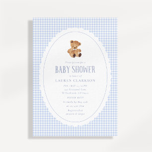 Invitation pour Baby Shower Ourson Gingham Bleu