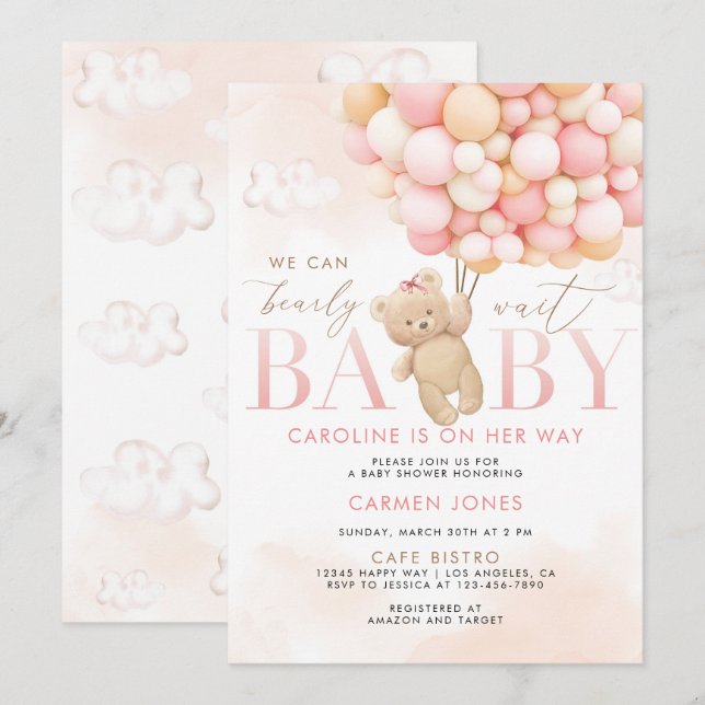 Invitation pour Baby Shower Ourson Rose avec Ballo (Devant / Derrière)
