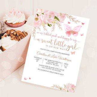 Invitation pour Baby Shower Papillon Floral Rose
