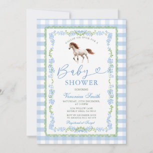 Invitation pour Baby Shower Poney Gingham Bleu