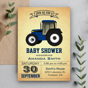 Invitation pour Baby Shower Tracteur de Ferme Bleu