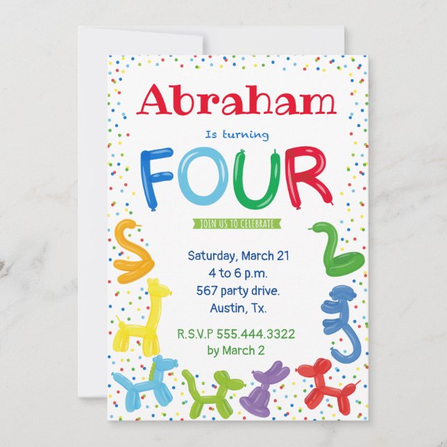 Invitation pour ballons d'animaux de 4e anniversai (Devant)