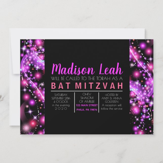 Invitation pour Bat Mitzvah ÉTOILES ROSES LUMINEUS (Devant)