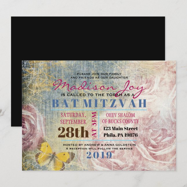 Invitation pour Bat Mitzvah ROSES & PAPILLONS VINT (Devant / Derrière)