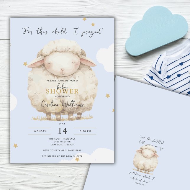 Invitation Pour cet enfant, j'ai prié Écriture Agneau bleu ga (Créateur téléchargé)