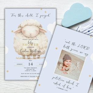 Invitation Pour Cet Enfant, J'Ai Prié Photo Agneau Bleu Relig