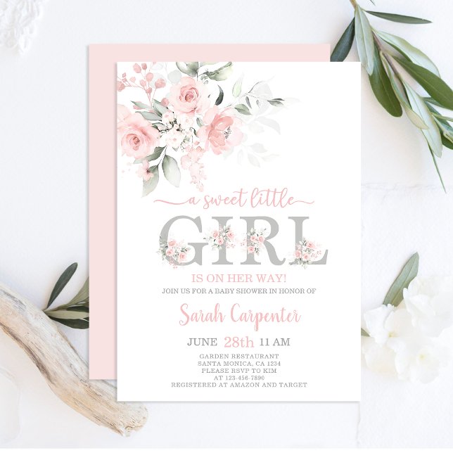 Invitation pour fille de Baby Shower Fleurie Rose  (Créateur téléchargé)