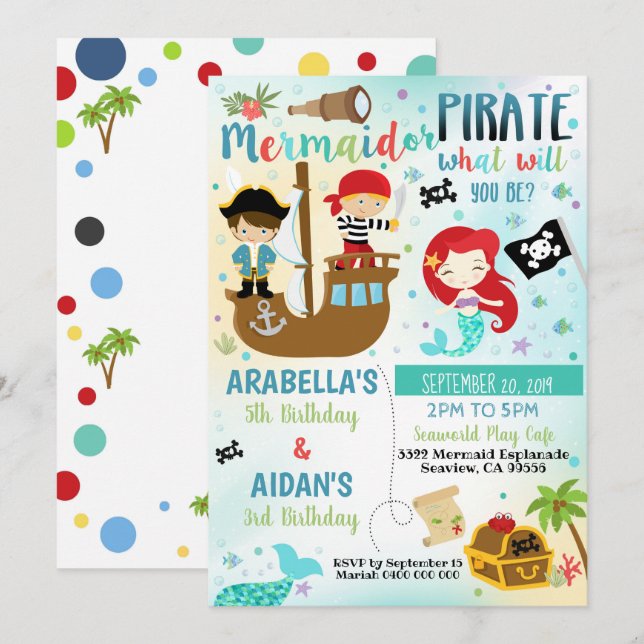 Invitation pour frère et sœur pirate sirène garçon (Devant / Derrière)