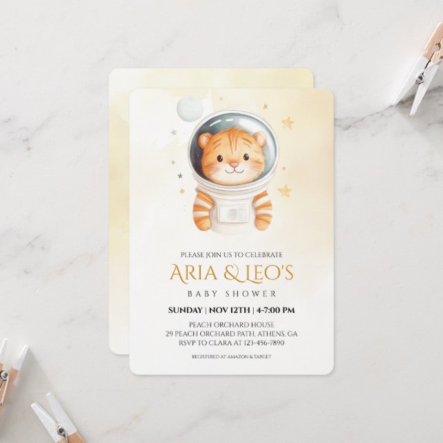 Invitation pour la Baby Shower de Space Tiger (Devant/Arrière en situation)