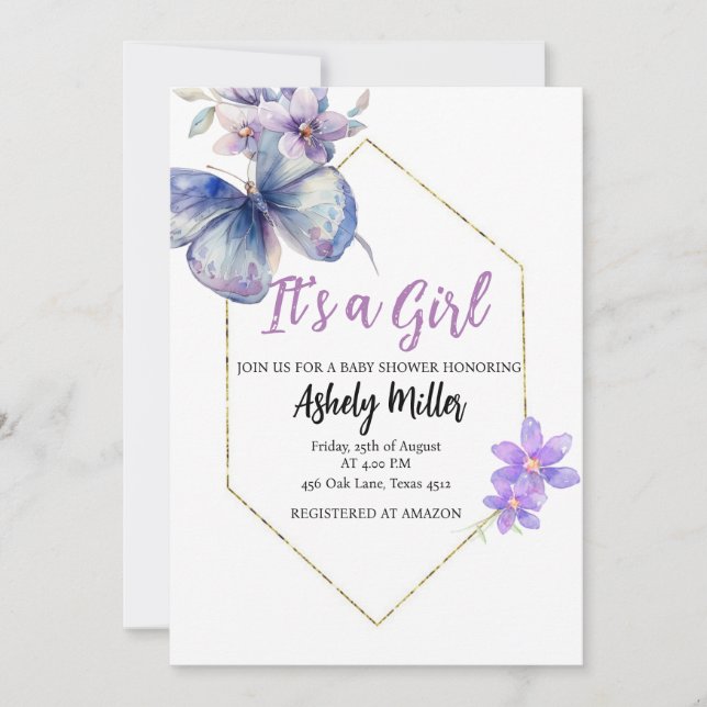 Invitation pour la Baby Shower Fleur de Papillon (Devant)
