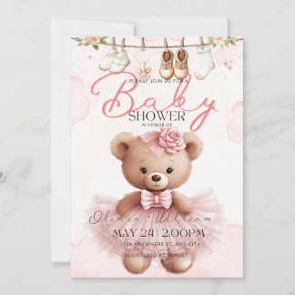 Invitation pour la Baby Shower Ourson Rose en Pelu