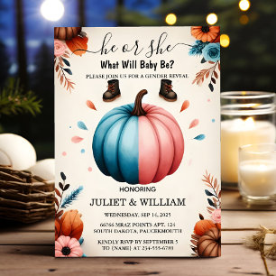 Invitation Pour la ferme rose Bleu Automne Fille Citrouille G