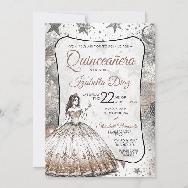 Invitation pour la fille d'or de Quinceañera (Devant)